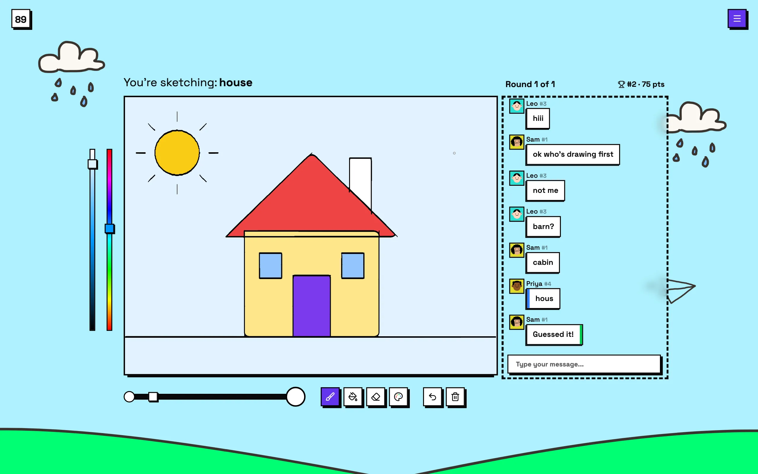 The artist's view: drawing a house on the canvas with the color picker and drawing tools