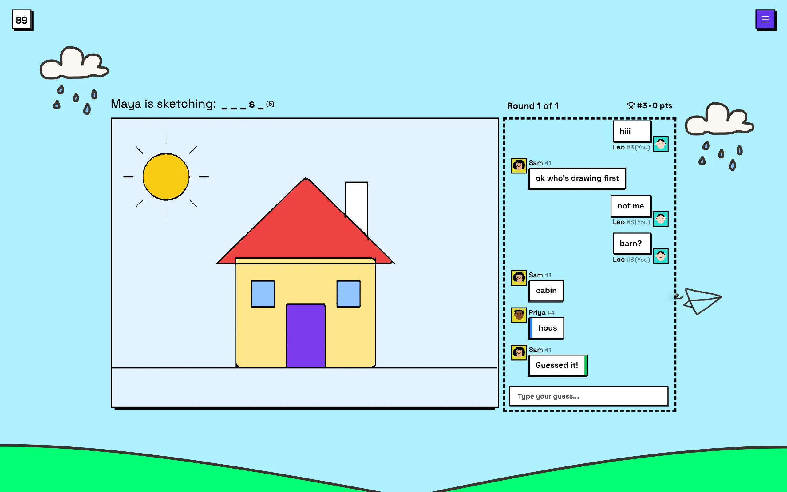 A guesser's view: the drawing of a house, the letter hints, and guesses in the chat