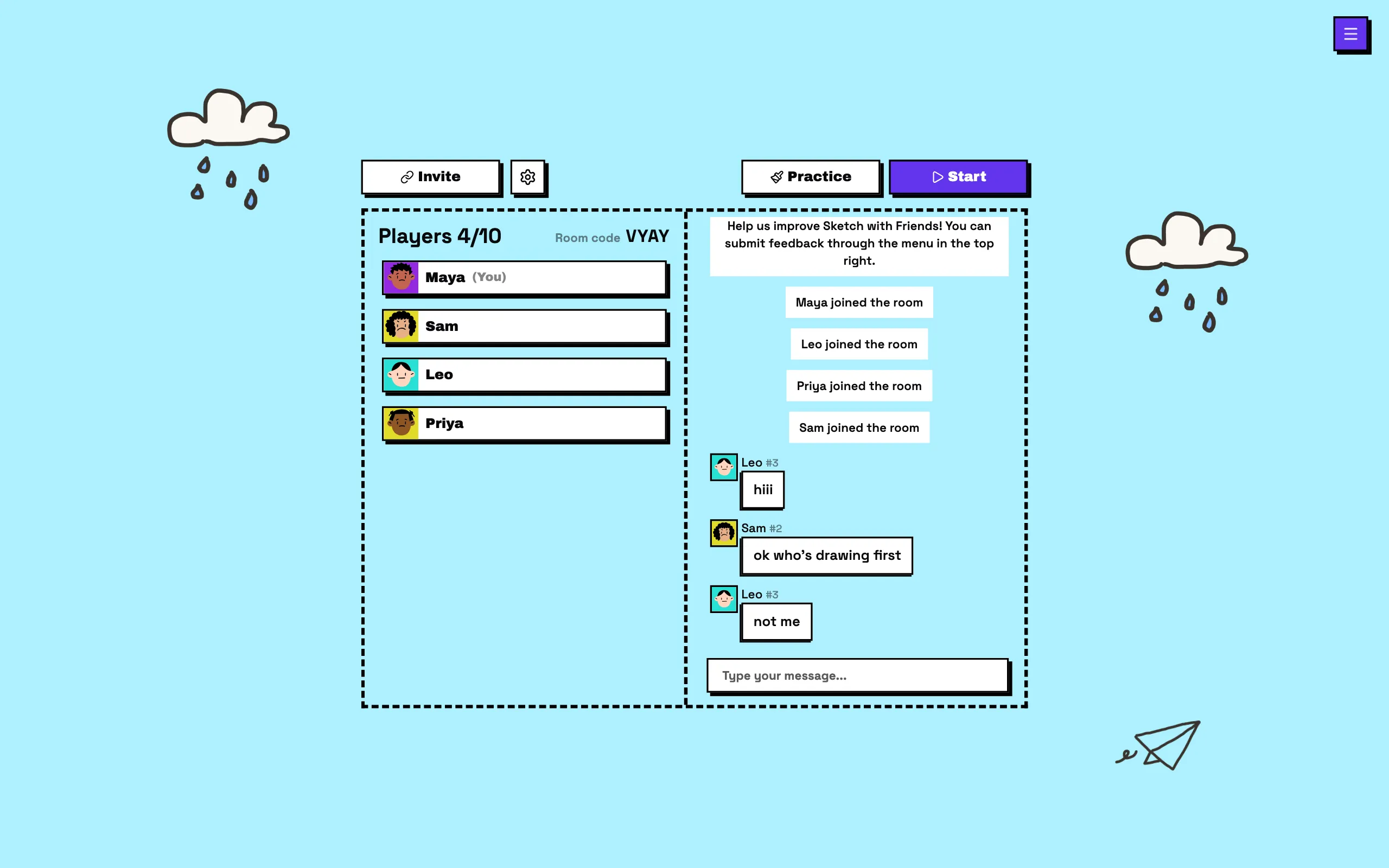 Sketch with Friends lobby with four players, the room code, and chat